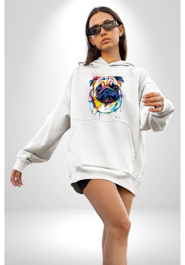 Sulu Boya Pug Köpek Kadın Erkek Beyaz Kapüşonlu Sweatshirt Hoodie Beyaz