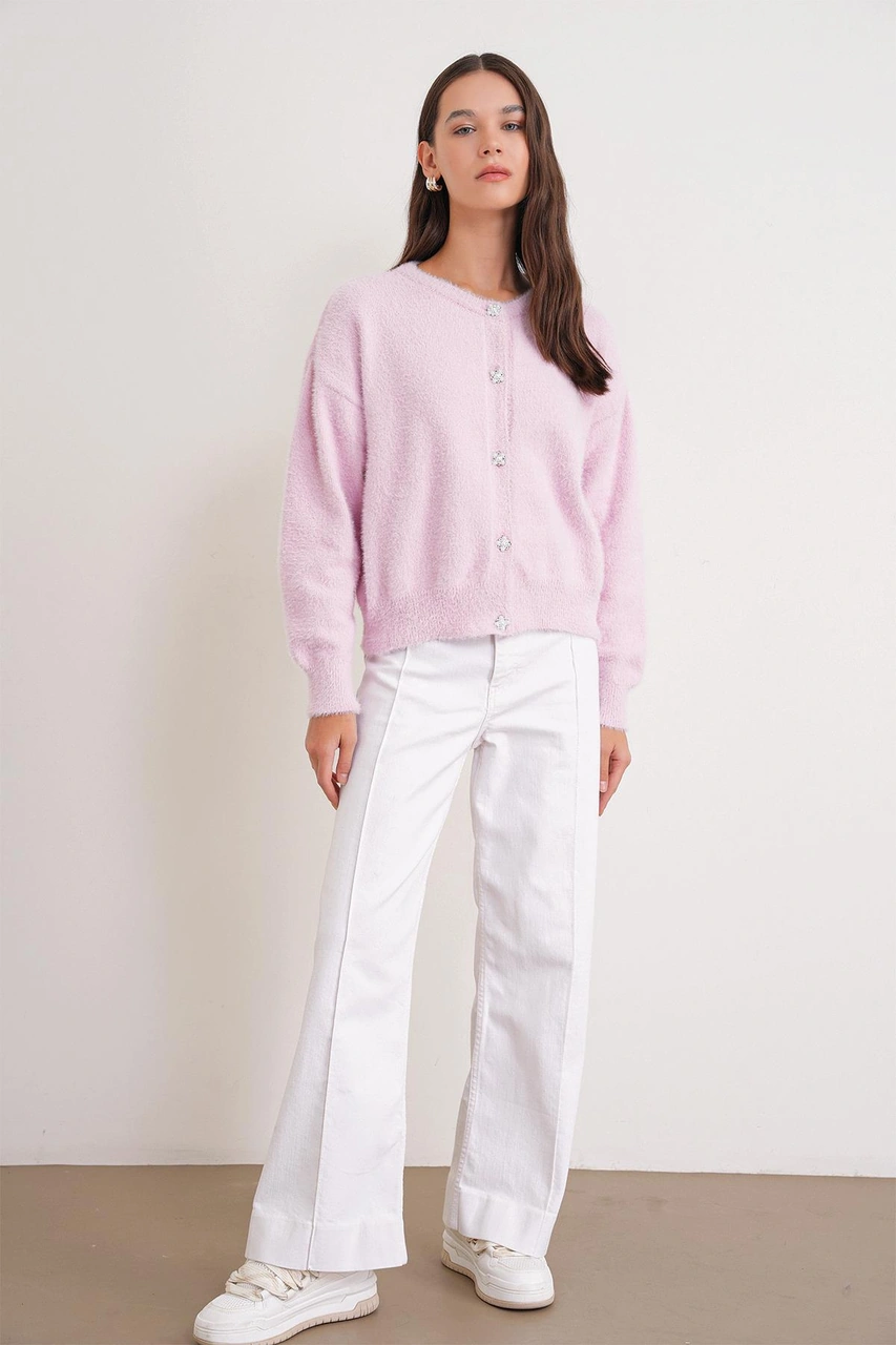 6902 Kadın Sakallı Basic Yumuşak Dokulu Triko Hırka Pembe Pembe