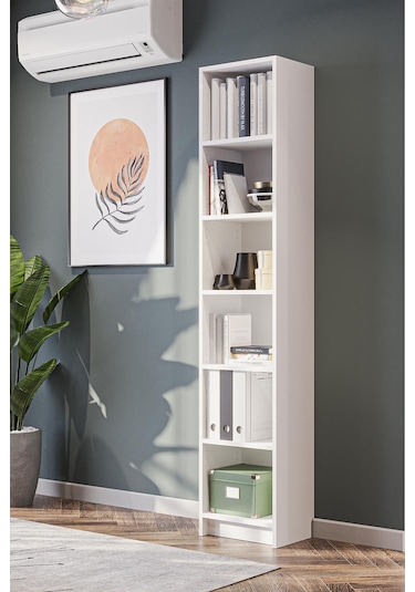 Bili Kitaplık 5 Raflı Dar Çok Amaçlı Ofis Salon Kitap Dosya Rafı Beyaz Beyaz