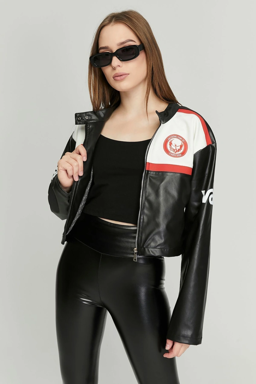 Kadın Oversize Baskılı Deri Şeritli Motorcu Montu Kısa Fermuarlı Yarışçı Ceketi Bomber Kolej Mont Kırmızı