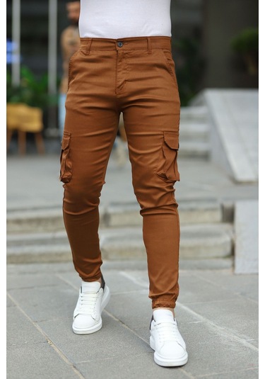 Slim Fit Körüklü Cep Paça Lastikli Esnek Kumaş Erkek Kargo Pantolon Hardal