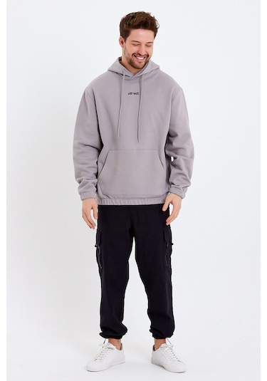 JAHR MARC Açık Gri Nakışlı Oversize Erkek Sweatshirt Krem