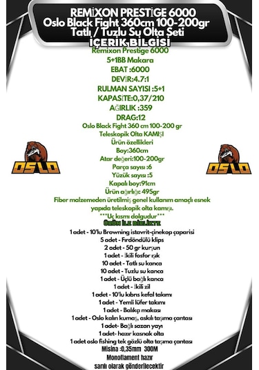 Oslo Black Fight 360cm 100-200gr Remixon Prestige 6000 Tatlı/tuzlu Olta Seti