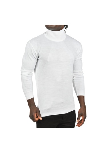 Deepsea Erkek Beyaz Tam Balıkçı Yaka Yanları Desenli Slim Fit Boğazlı Triko Kazak 2505495 Beyaz