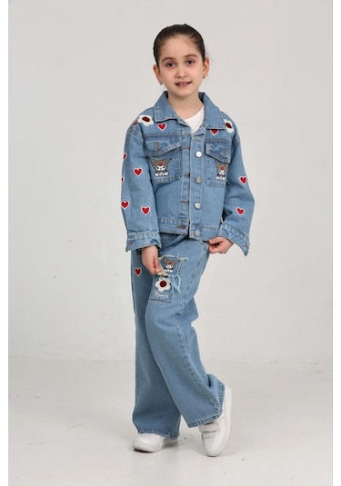 Moonch Kuromi Nakışlı İşlemeli Kız Çocuk Kot Takım-2'li Denim Set Mavi