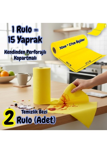 Technow Softtex 15 Kesimli Sarı Kopar Kullan Rulo Temizlik Bezi 27x30 Cm 2'li Sarı