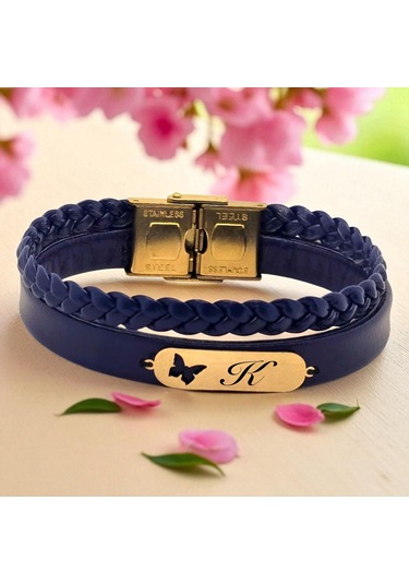 Archin K Harfine Özel Kelebek Motifli 14 Ayar Altın Plakalı Lacivert Derili Hediye Bileklik-616harf K