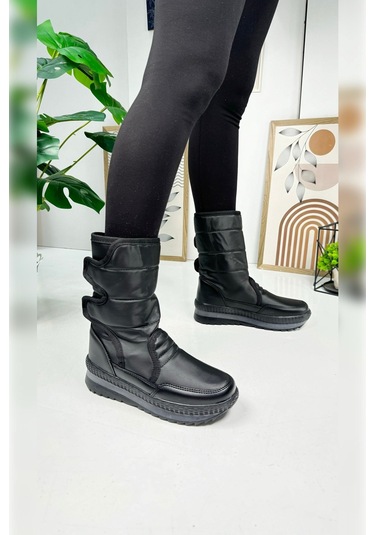 Nstil Alves Unisex Kadın - Erkek - Çocuk Kar Botu İçi Kürklü Cırt Cırtlı Kaymaz Taban Ayakkabı 802 Siyah