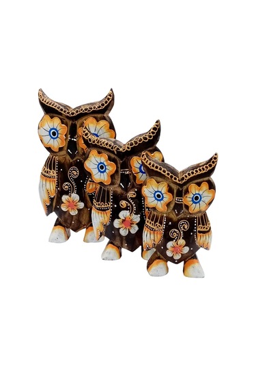 Ahşap Aborjin Üçlü Baykuş Dekoratif Biblo No.1 17 Cm