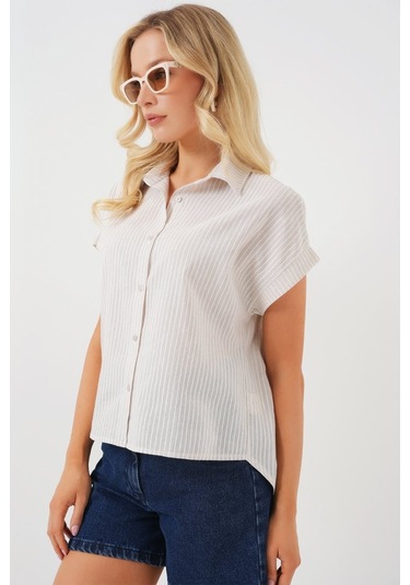 Gülsüm Aydın Çizgili Kısa Kol Gömlek 20324 - Krem Krem