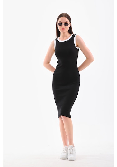 Beyaz Biyeli Kolsuz Diz Altı Fitilli Esnek Siyah Kalem Elbise Beyaz - Siyah