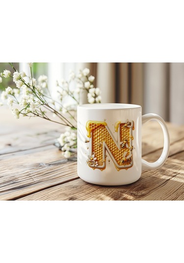N Harfi Bal Arısı Tasarım Kupa Bardak - Bal Ve Petek Desenli Kişiye Özel Kahve Kupası - Hediyelik Beyaz