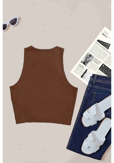Merry See Tek Renk 1 Adet Kadın Kolsuz Örme Kumaş Bluz Crop Kahverengi 001