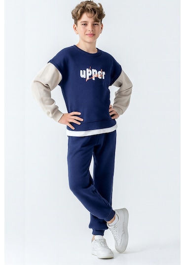 Erkek Çocuk Upper Baskılı 3 İplik Kalın Kışlık Eşofman Takımı Ak4231 Lacivert