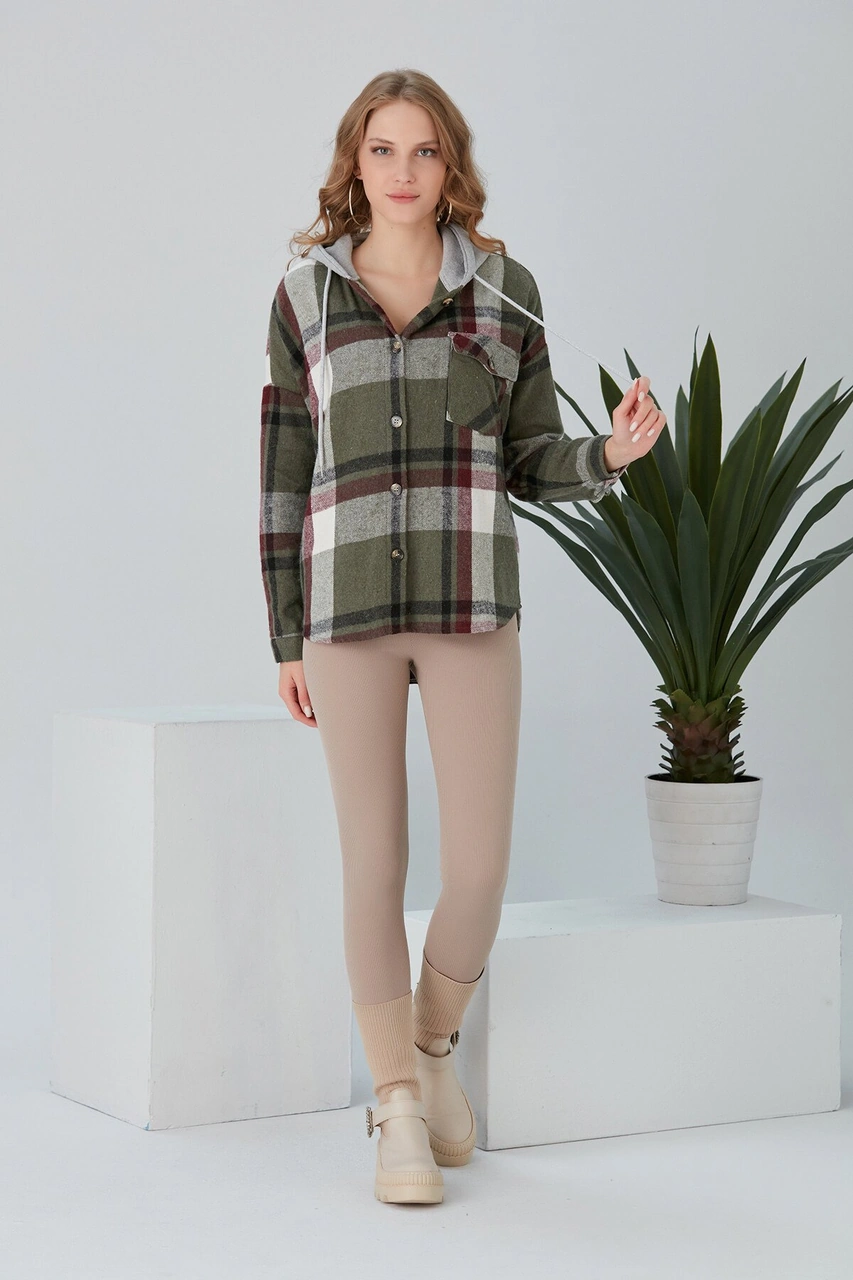 Pikka Online Kadın Çok Renkli Haki Oduncu Oversize Kapüşonlu Ceket Gömlek Haki