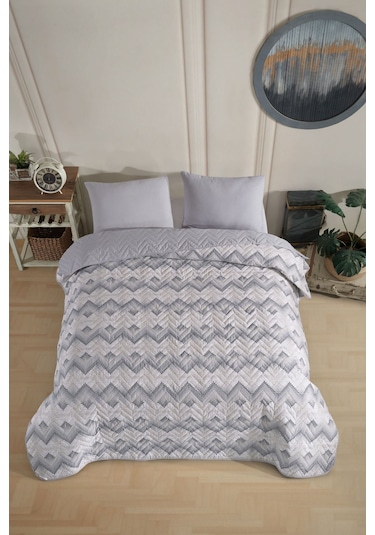 Tek Kişilik Desenli Kapitone Çift Taraflı Renkli Pike Yatak Örtüsü Takımı 160x230 Cm Çarşafsız Gri