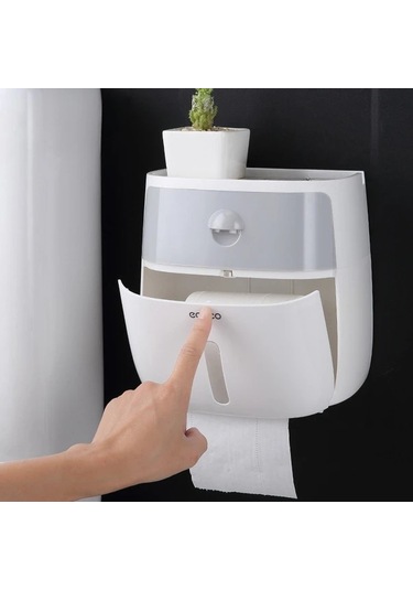 Technolo1 Gri Çift Katmanlı Kağıt Havlu Tutucu Matkap Gerektirmeyen Duvara Monte Pratik Depolama Rafı Gri