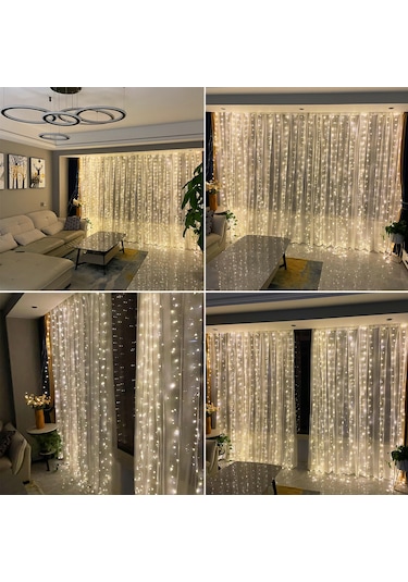Neevoyu 3x3m 300 Led Perde Işığı 8 Aydınlatma Modu Usb Şarjlı Kumandalı Sıcak Beyaz Festivite Dekorasyonu Sıcak Beyaz