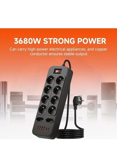 Besthome1 Dream011 Siyah 3680w Avr. Fişi 16sı 1 Arada 10a 6 Usb 2 Type C 18m Kablosu Ev Ofis Paneli Güç Dağıtma