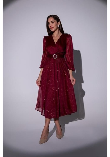 Dipmoda Kadın Kemerli Kruvaze Yaka Simli Gece Elbisesi Dpnbmy3590 Bordo