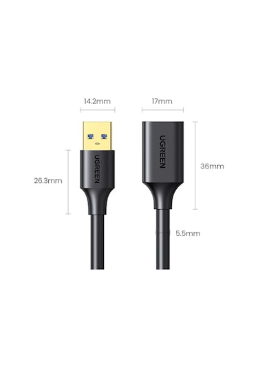 Ugreen Usb 3.0 Uzatma Kablosu 1.5 Metre, Siyah, 30126