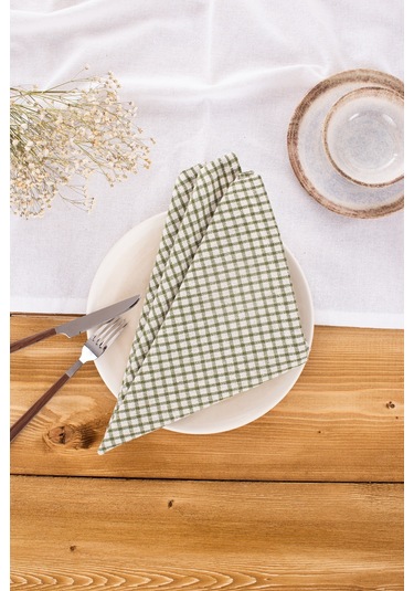 Doku 6'lı Keten Piti Kareli Yeşil Peçete  Piknik Dekorasyonu 40 x 40 cm Yeşil
