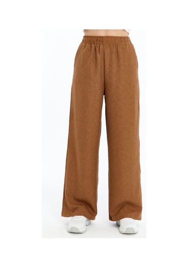 Genius Store Kadın Pantolon Keten Karışımlı Beli Lastikli Kırışmaz Kumaş Pantolon Keten-pantolon Kahverengi