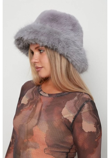 Kadın Peluş Bucket Kalpak Şapka 1143 Rkş-14 Gri Gri