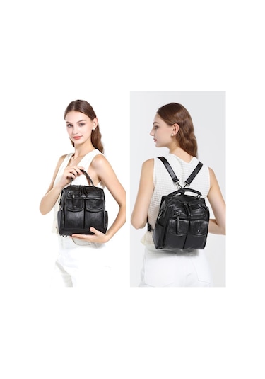 Yıkama Deri Sırt Askılı Kadın Çantası 21k Barcelona 1917 Siyah