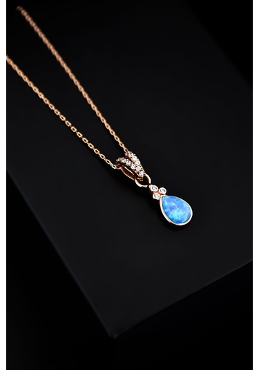 925 Ayar Gümüş Rose Kaplama Tepelikli Opal Damla Kolye