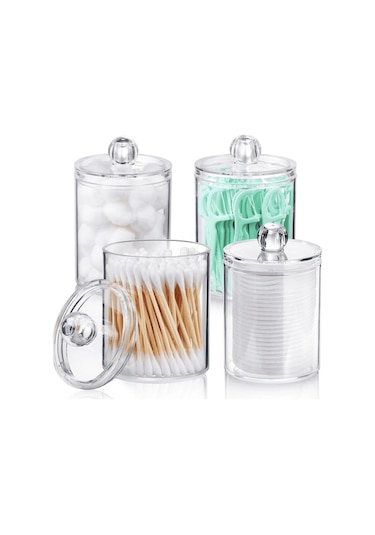 4'lü Bambu Kapaklı Şeffaf Saklama Kavanozu - Banyo Düzenleyici Seti Şeffaf Şeffaf