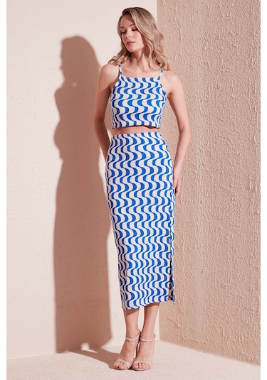 Lela Slim Fit Ip Askılı Yırtmaçlı Bayan Takım 5865278 Saks-Beyaz