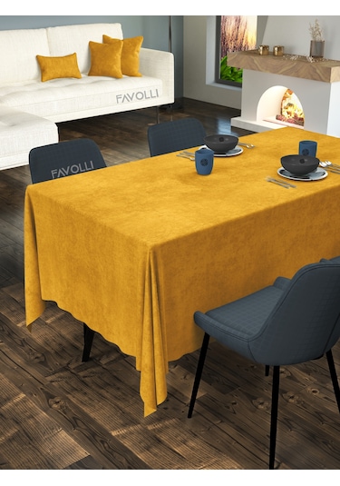 Kadife Dokulu Safran Renk Masa Örtüsü Safran
