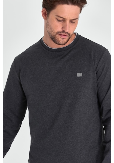 MMetalic Erkek Antrasit Çift Bisiklet Yaka Baskı Detaylı Standart Rahat Kesim Sweatshirt Antrasit