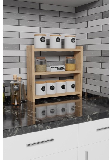 3 Raflı Tezgah Üstü Çok Amaçlı Baharatlık 40x10 Cm Atlantik Çam