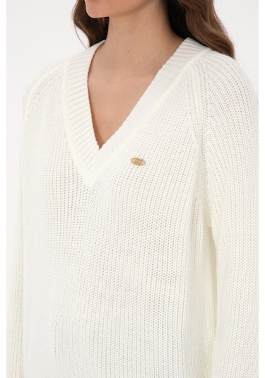 U.S. Polo Assn. Kadın Krem V Yaka Kazak 50314934-VR256