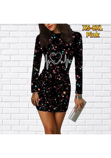 Pembe Uzun Kollu Bodycon 3d Aşk Devre Baskı Elbise Kadın Mini Elbiseler Sonbahar Sıska Sıkı Parti Vestidos Pembe