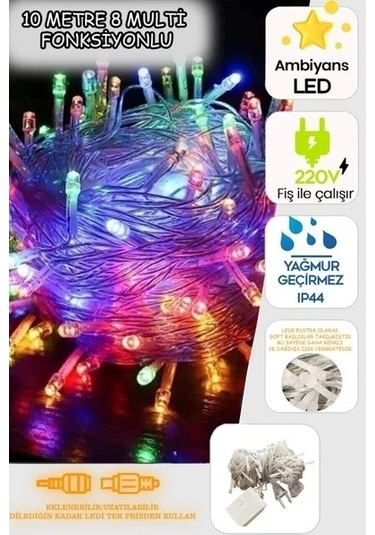 10 Mt Sl-1013 Fişli 100 Led Rgb Renkli Işıklı Ultra Güçlü Yılbaşı Ağaç Işık 8 Fonksiyonlu Dekoratif Çok Renkli