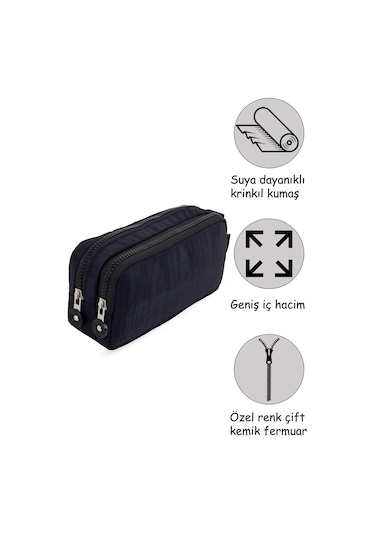 01105 Krinkıl Kumaş Yıkanabilir Çift Bölmeli Gözlü Kalemlik Kalem Kutusu - Siyah