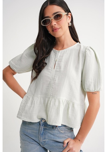 4713 Kadın Beli Büzgülü Kolu Lastikli Bol Müslin Bluz Adaçayı Adaçayı