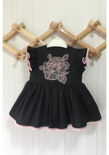 Gül Aplike Ve Dantel Detaylı Kız Çocuk Bebek Siyah Pamuklu Elbise 001