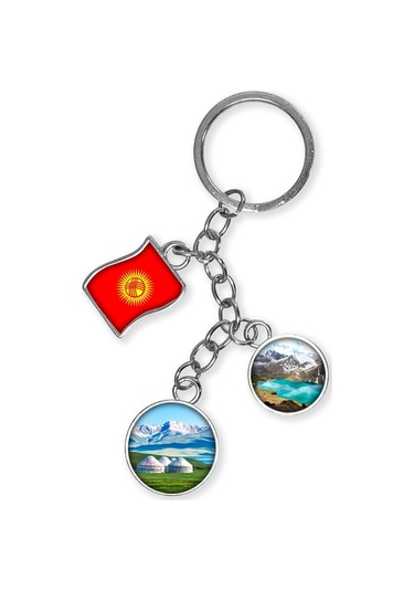 Kırgızistan Üçlü Epoksi Metal Çift Taraflı Damla Anahtarlık Kyrgyzstan Gümüş