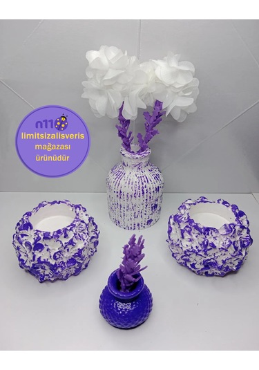 Mor Dekoratif Mumluk Obje Çiçekli Vazo Takımı Süsler Dahil Mor