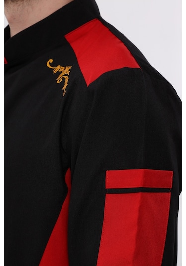 Uniprom Uzun Kollu Aşçı Ceketi Önlük Nakışlı Cepli Şef, Garson Siyah - Kırmızı