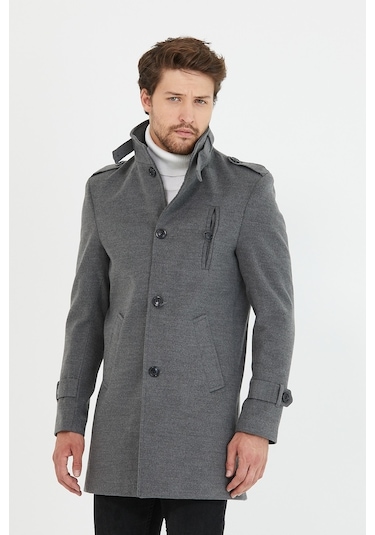 Erkek Gri Dar Kesim Dik Yaka Uzun Kaşe Kaban-Gri