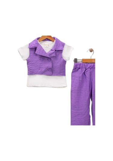 Dantel Detay Kız Çocuk Takım Yelekli Kız Çocuk Takım Lila