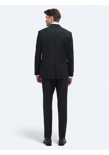 Siyah Çizgili Modern Fit Yün Karışımlı Takım Elbise Siyah