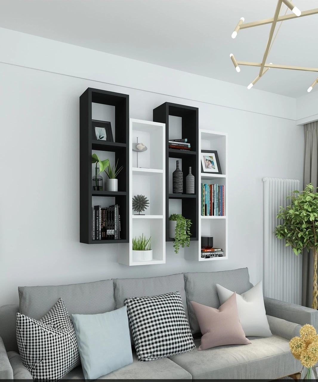 Kitaplık Modern Ev Duvar Rafı Siyah Beyaz 4 Lü Takım Siyah-beyaz