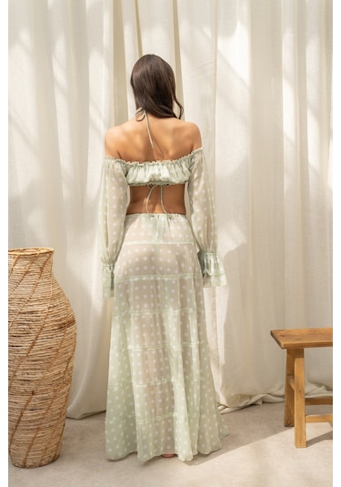 Mai Collection Samos Puantiyeli Yeşil Crop Etek Takım