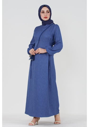 Yanı Bağcıklı Keten Elbise-mavi-3368-mavi Mavi